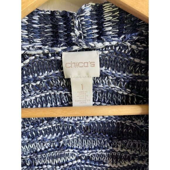 Chico's Spacedye Fringe Anniston Cardigan Size 1/ M Blue White Knit Open Tassel - Picture 9 of 9
